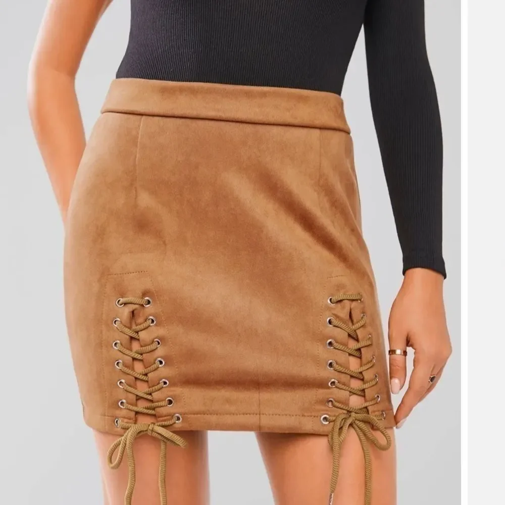 NWOT Lace-Up Faux Suede Mini Skirt coffee
